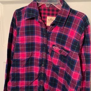 Hollister pink, blue light green checked long sleeve button up flannel shirt